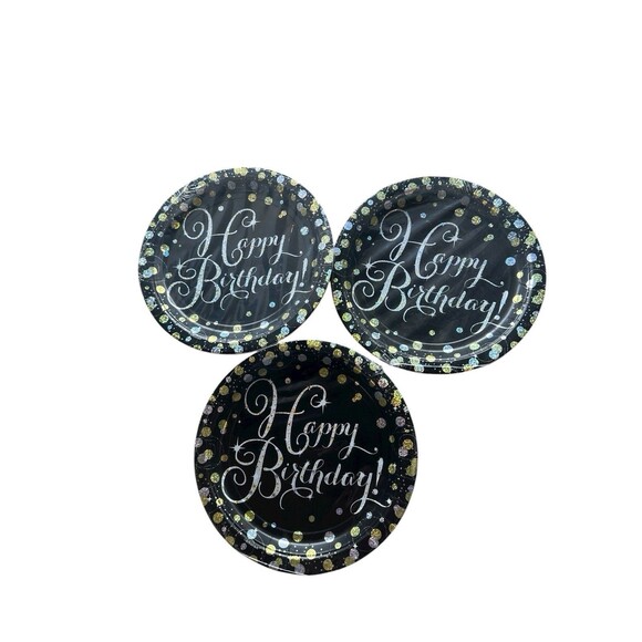 Happy Birthday Black Gold Silver 24 Plates (9") & 3 Packs Matching Napkins - Picture 2 of 5